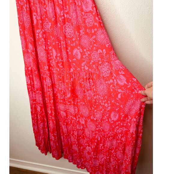 Lush Red & Pink Scoop Neck Open Tie Back Floral Print Boho Midi Sun dress S - Picture 5 of 13